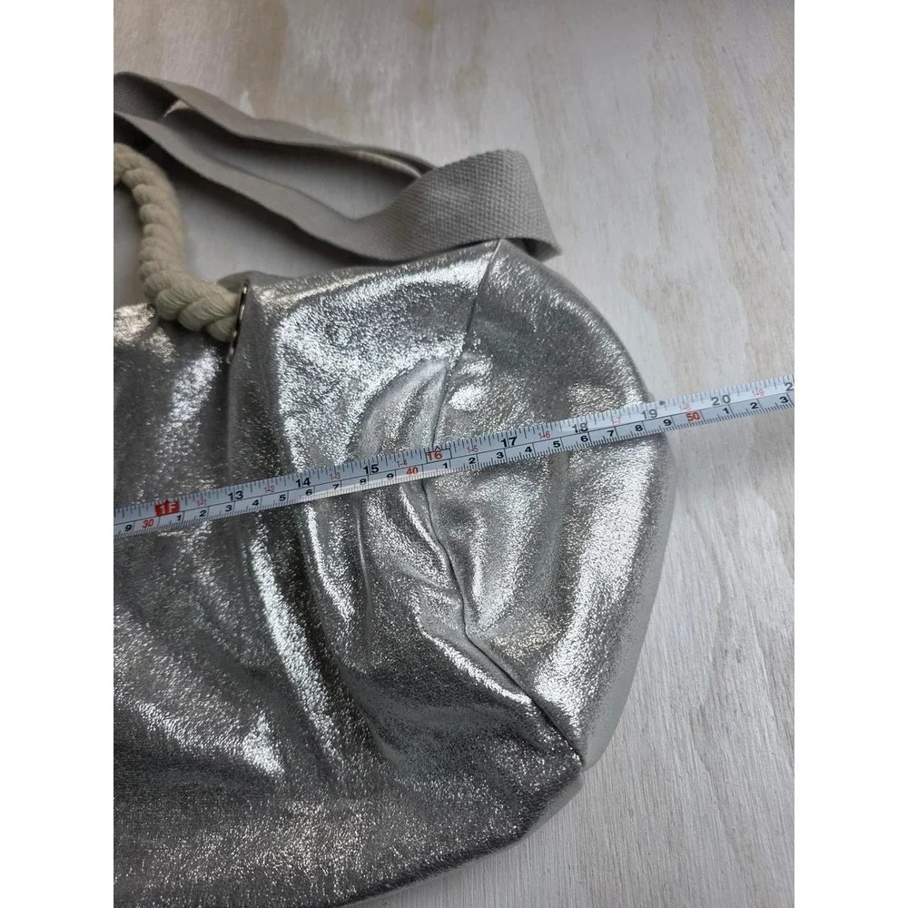 Metallic Silver Duffle Bag Y2K Rope Handle Crossbody Nautical Festival Boho